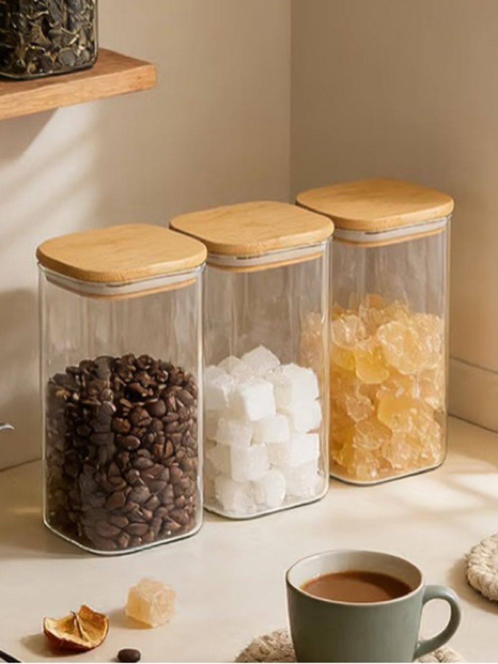 🗽3 Bamboo Lid Glass Storage Jars - Clear Glass Pantry Canisters